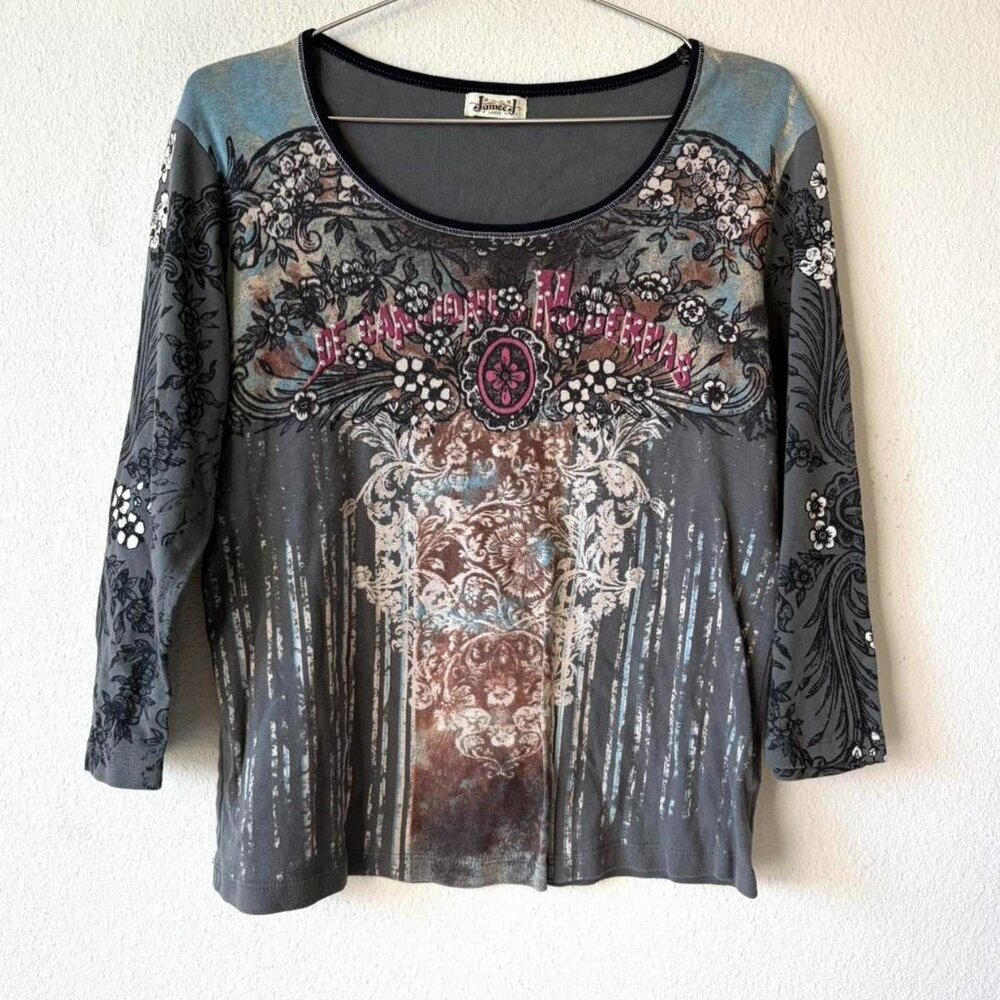 y2k 2000s Rhinestone Bling All Over Print Top Women's Large